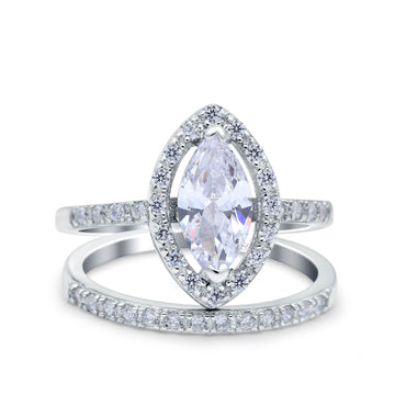 Two Piece Halo Marquise Art Deco Wedding Bridal Ring Simulated Cubic Zirconia 925 Sterling Silver